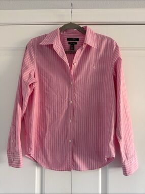 Ralph Lauren Pink/Red Striped Button-Down Shirt- RL monogram- 100% Cotton - Med